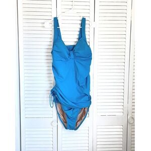 Lands End Blue Tankini Swimsuit Set Side Cinch‎ Top High Waist Bottoms 14L